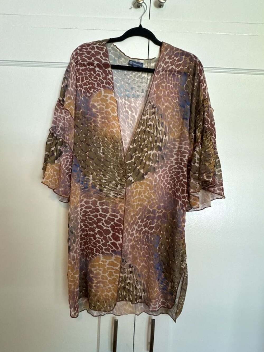 Democracy Sheer Giraffe Animal Print Kimono Ruffle Sleeve Size S/M Beachy Vacati